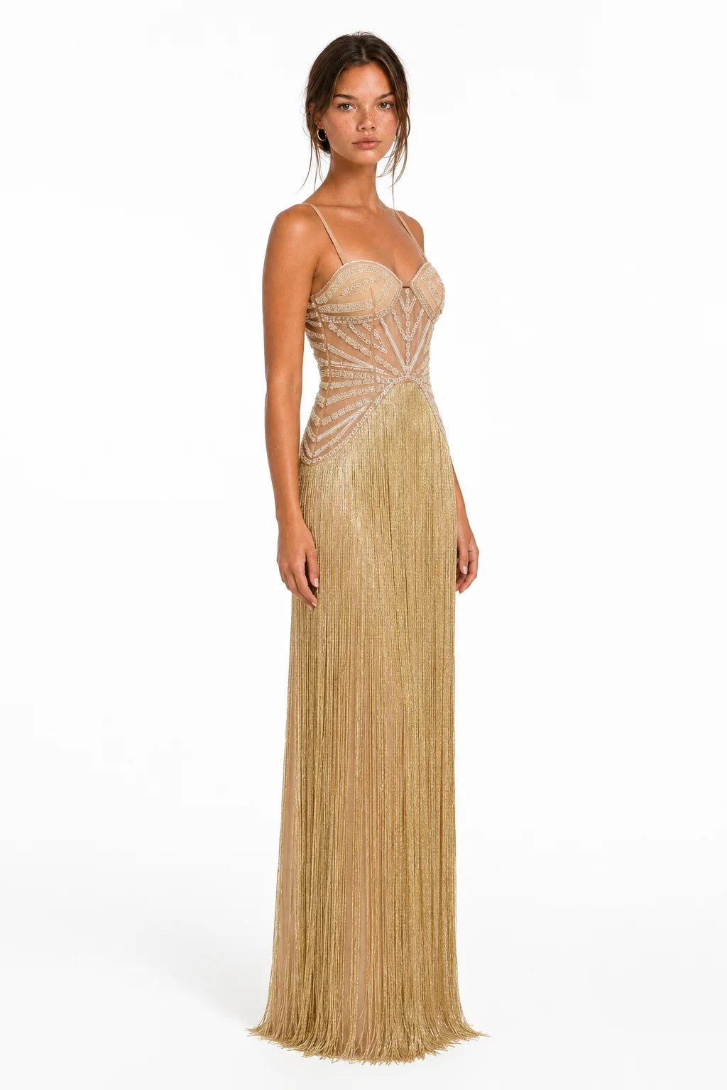 A5MUSE Gold Beaded Fringe Halter Maxi Dress