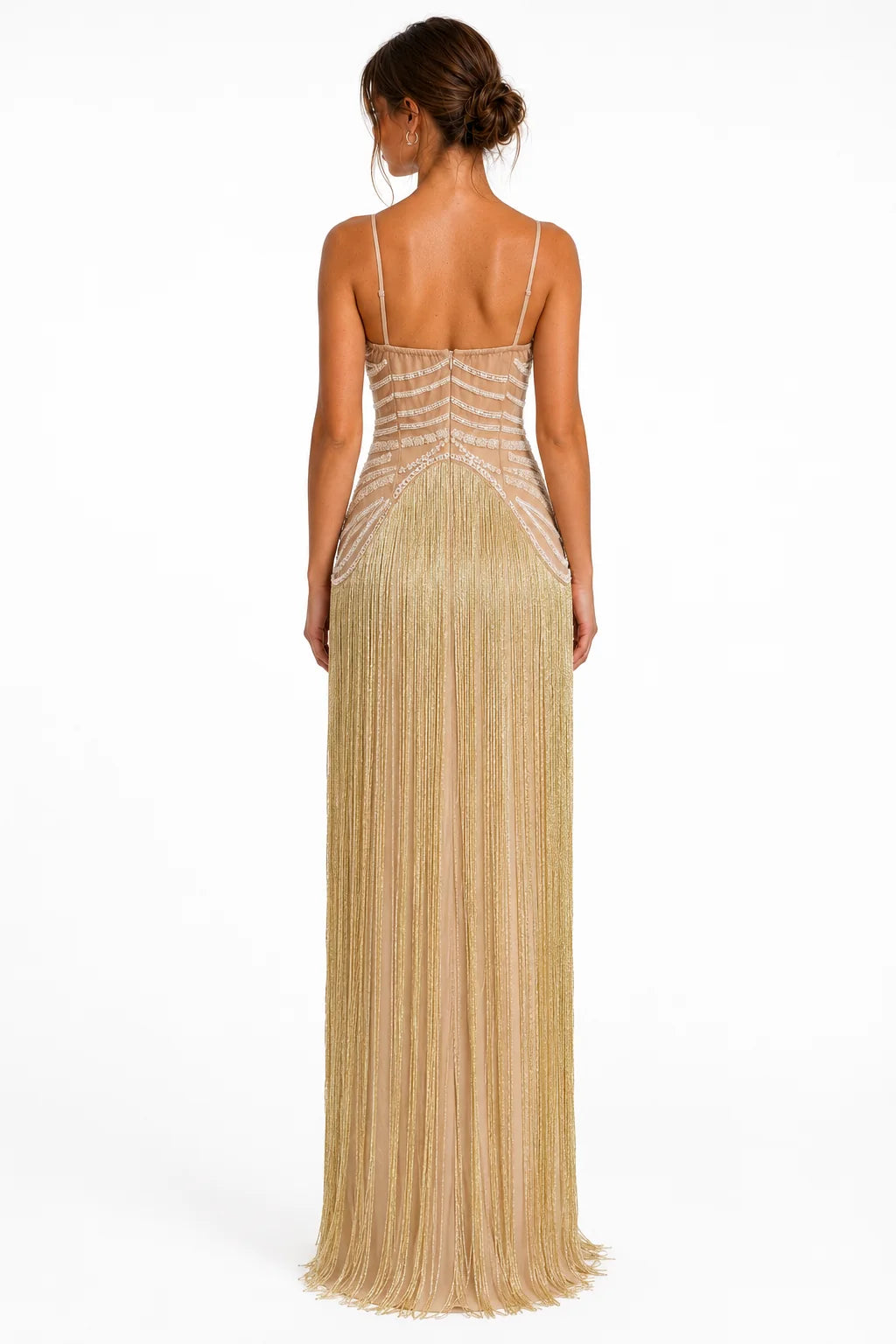 A5MUSE Gold Beaded Fringe Halter Maxi Dress