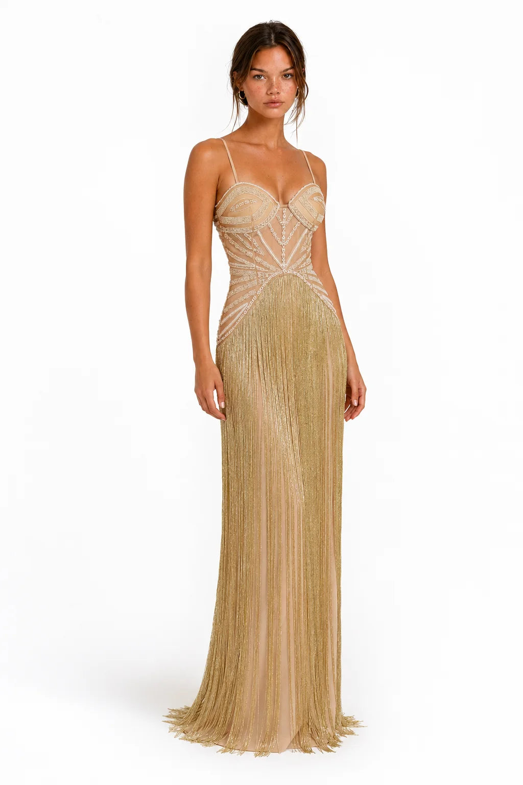 A5MUSE Gold Beaded Fringe Halter Maxi Dress