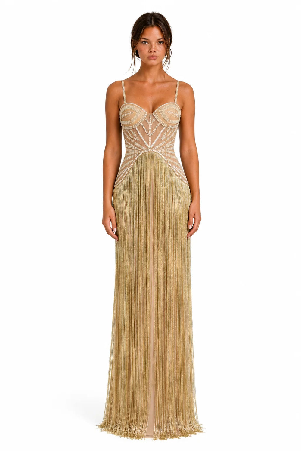 A5MUSE Gold Beaded Fringe Halter Maxi Dress