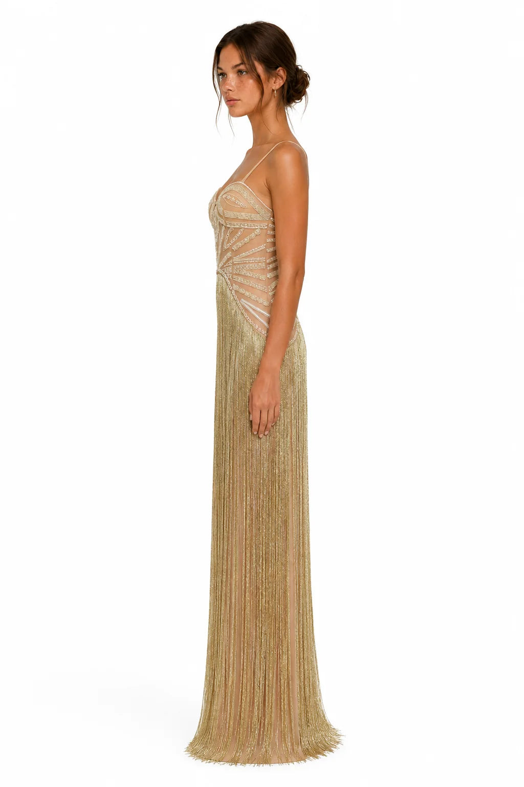 A5MUSE Gold Beaded Fringe Halter Maxi Dress