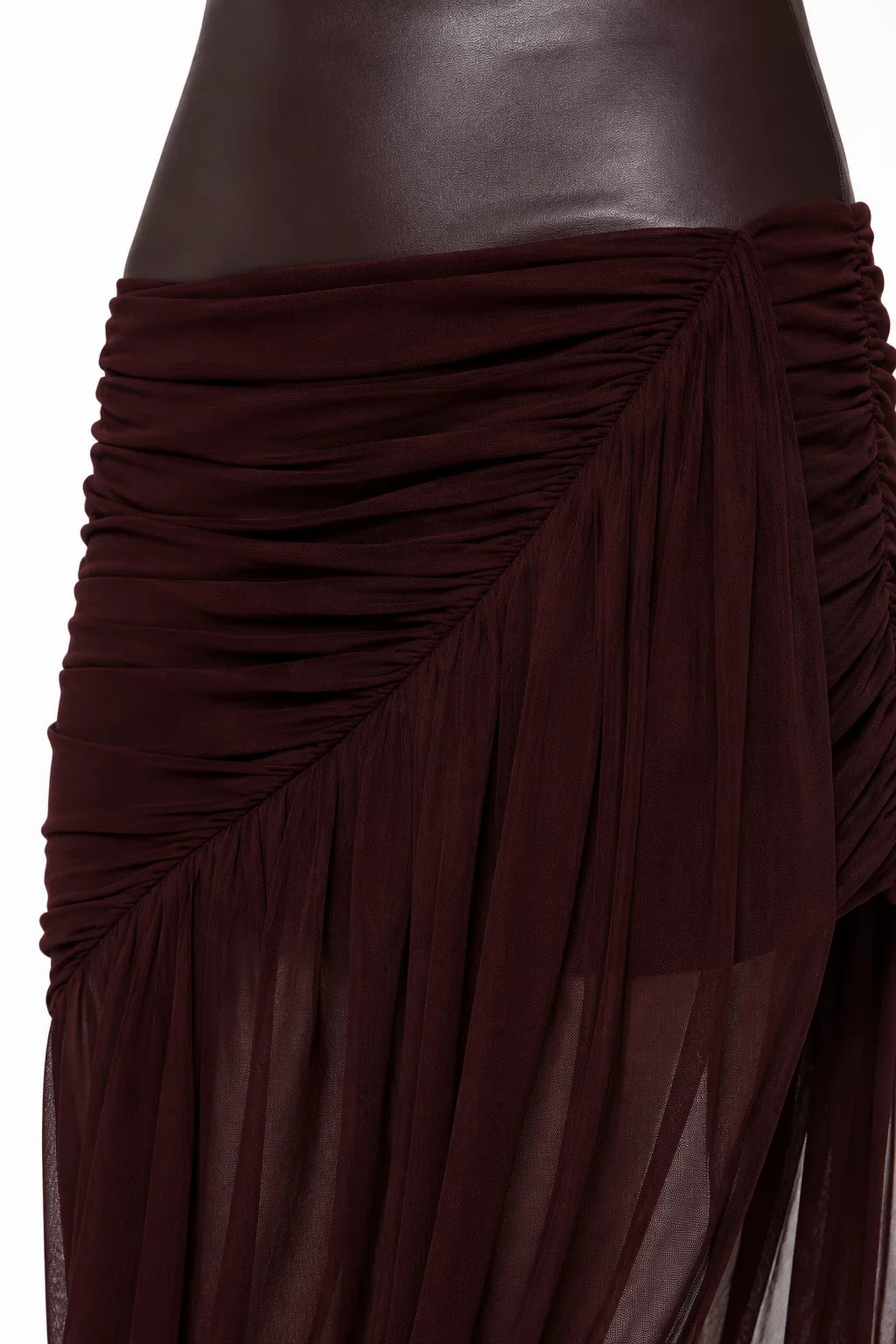 A5MUSE Brown Faux Leather and Burgundy Draped Midi Dress