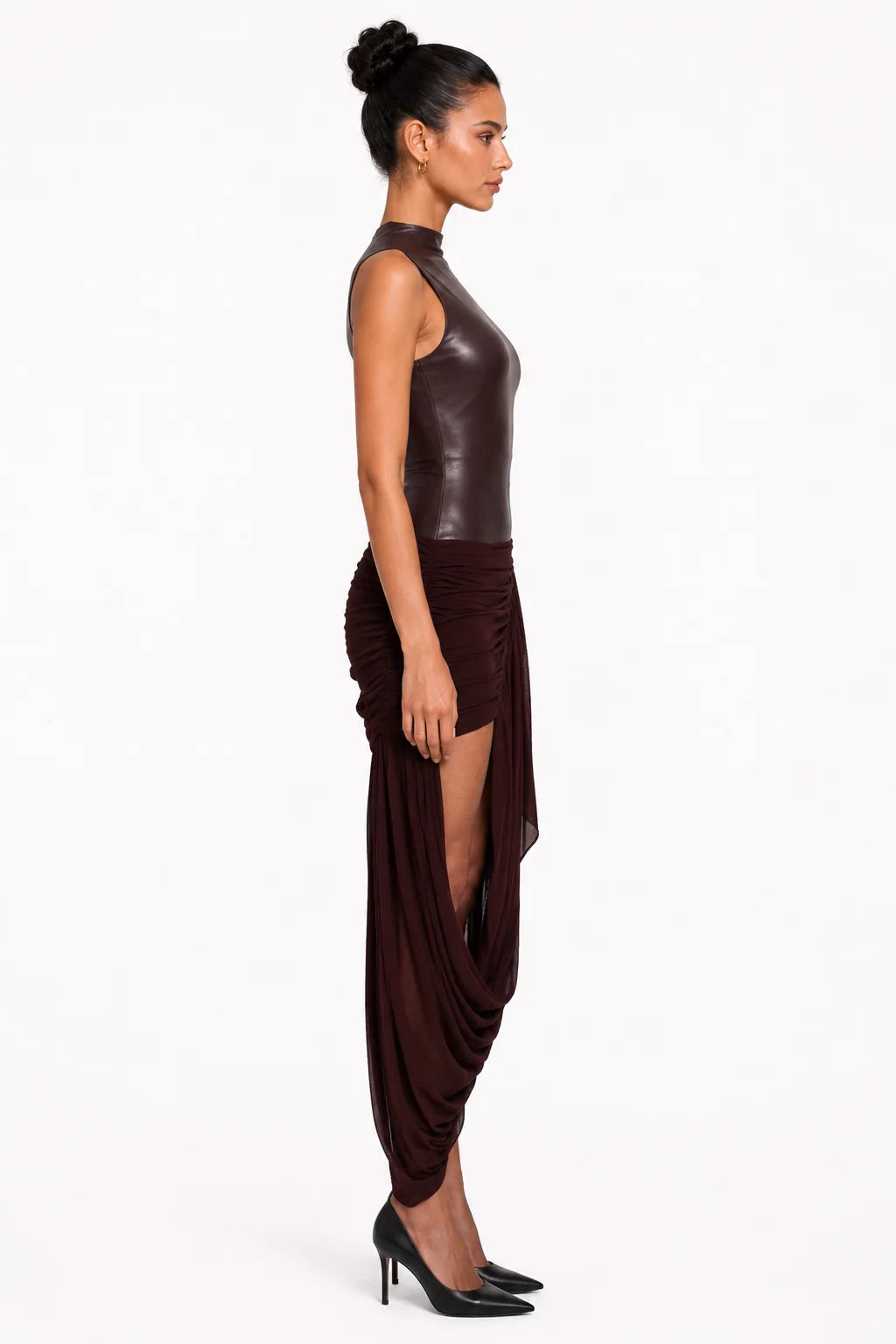A5MUSE Brown Faux Leather and Burgundy Draped Midi Dress