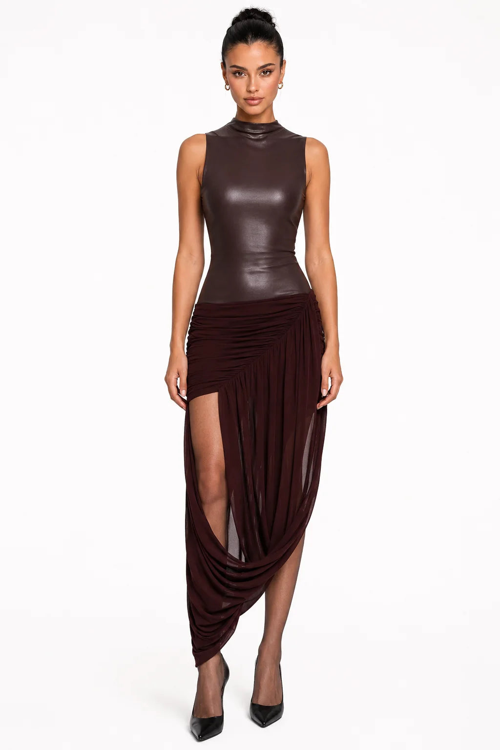 A5MUSE Brown Faux Leather and Burgundy Draped Midi Dress