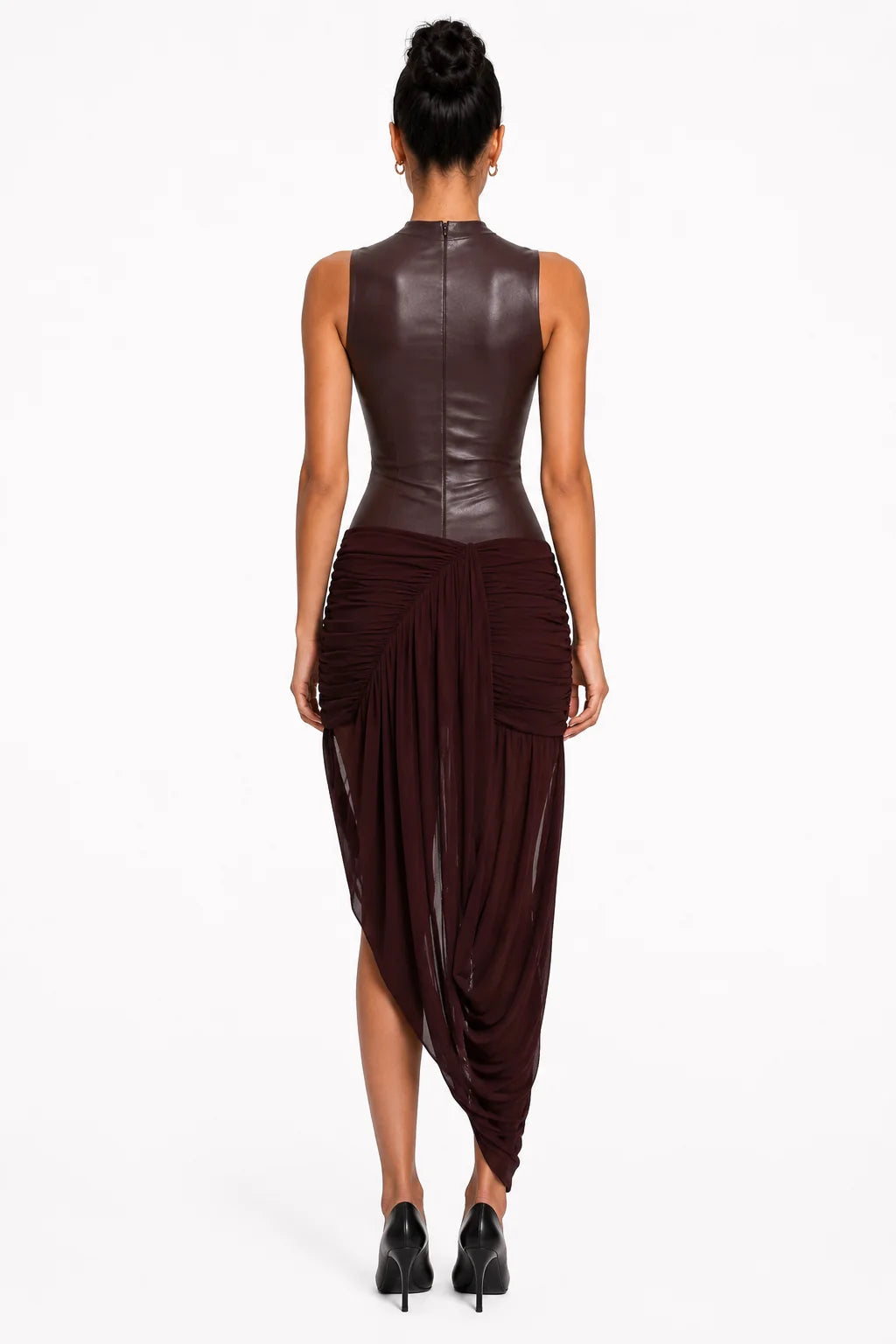 A5MUSE Brown Faux Leather and Burgundy Draped Midi Dress