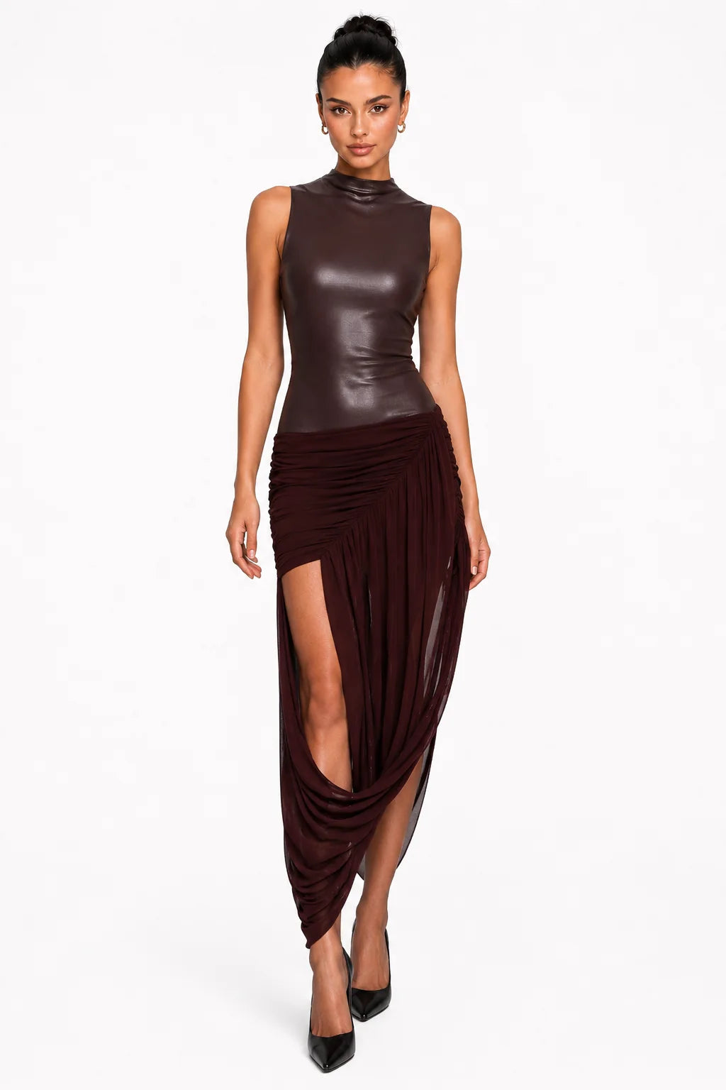 A5MUSE Brown Faux Leather and Burgundy Draped Midi Dress