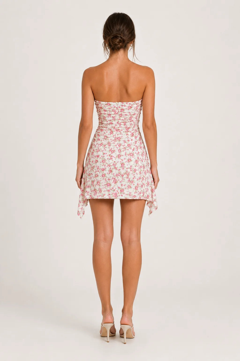 Ivory Pink Floral Strapless Asymmetric Mini Dress view 4