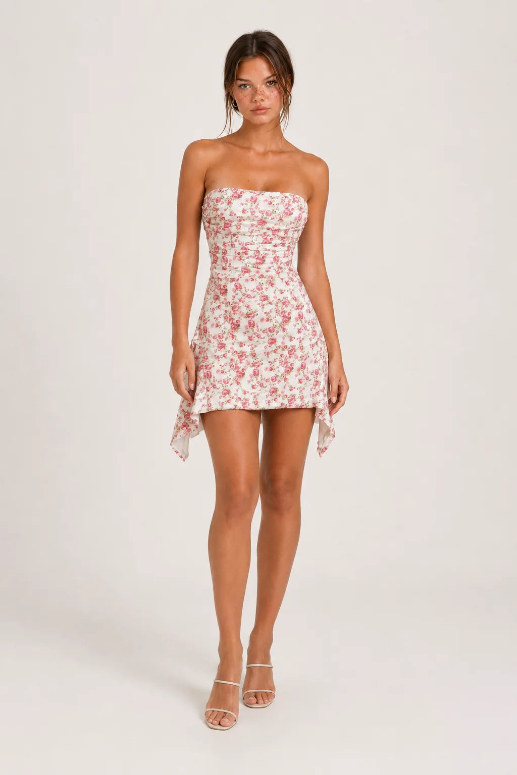 Ivory Pink Floral Strapless Asymmetric Mini Dress view 5