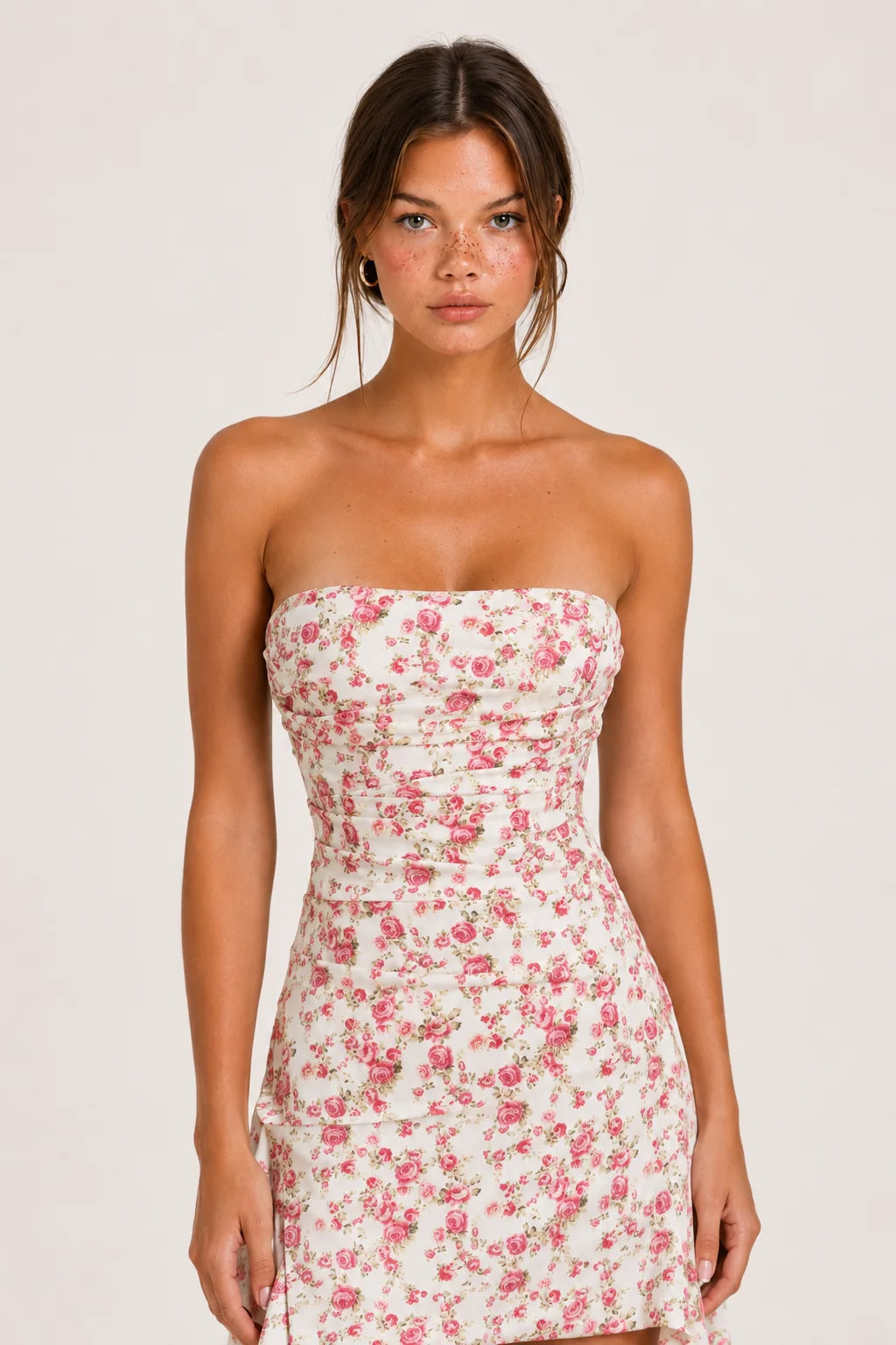 Ivory Pink Floral Strapless Asymmetric Mini Dress view 6