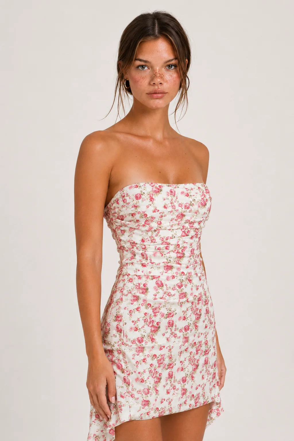 Ivory Pink Floral Strapless Asymmetric Mini Dress view 7