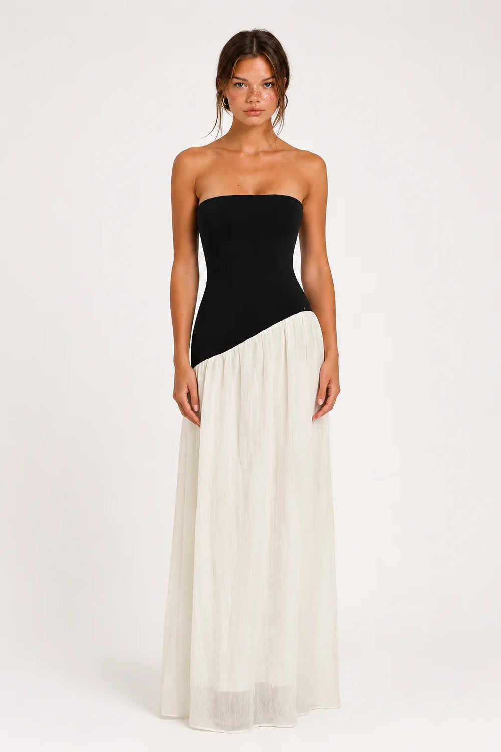 Black and Ivory Strapless Asymmetric Maxi Dress view 1