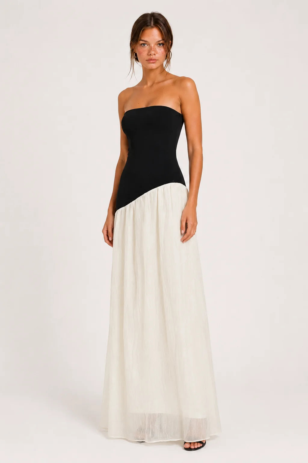 Black and Ivory Strapless Asymmetric Maxi Dress view 2