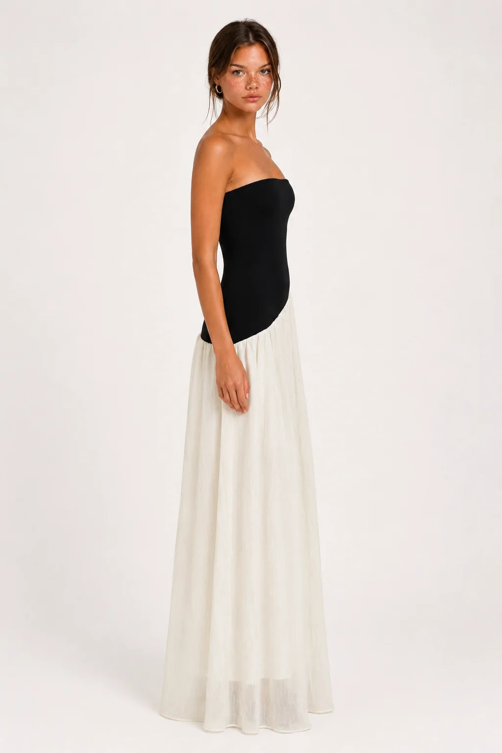 Black and Ivory Strapless Asymmetric Maxi Dress view 3