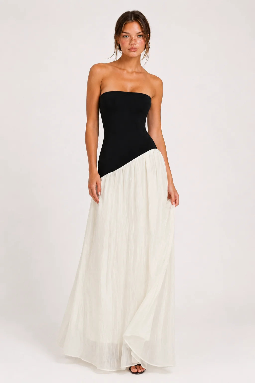 Black and Ivory Strapless Asymmetric Maxi Dress view 5