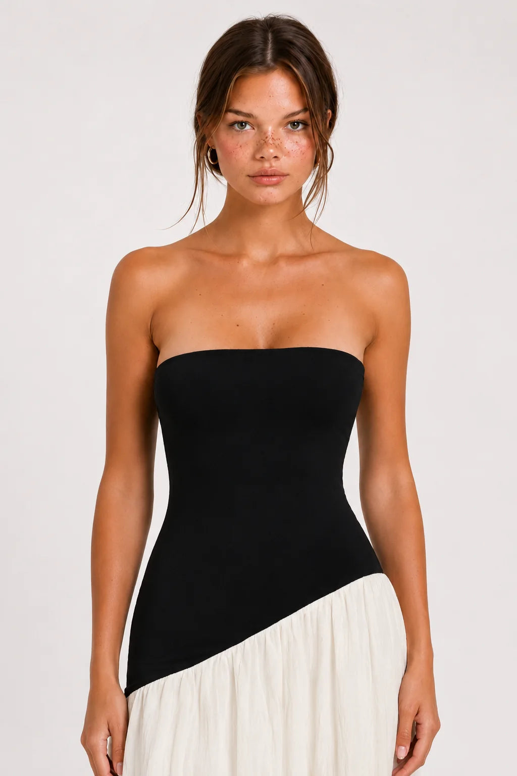Black and Ivory Strapless Asymmetric Maxi Dress view 6
