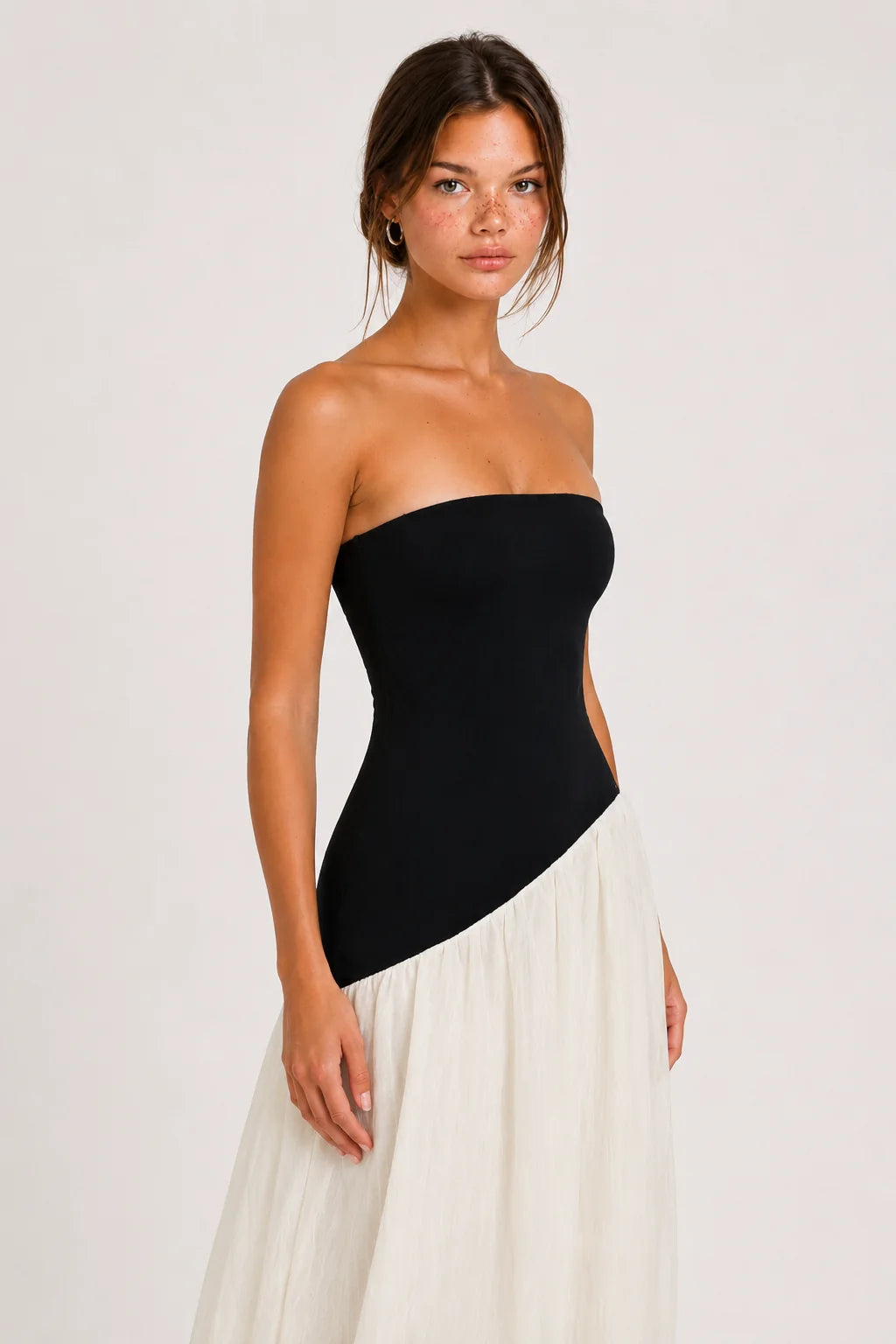 Black and Ivory Strapless Asymmetric Maxi Dress view 7