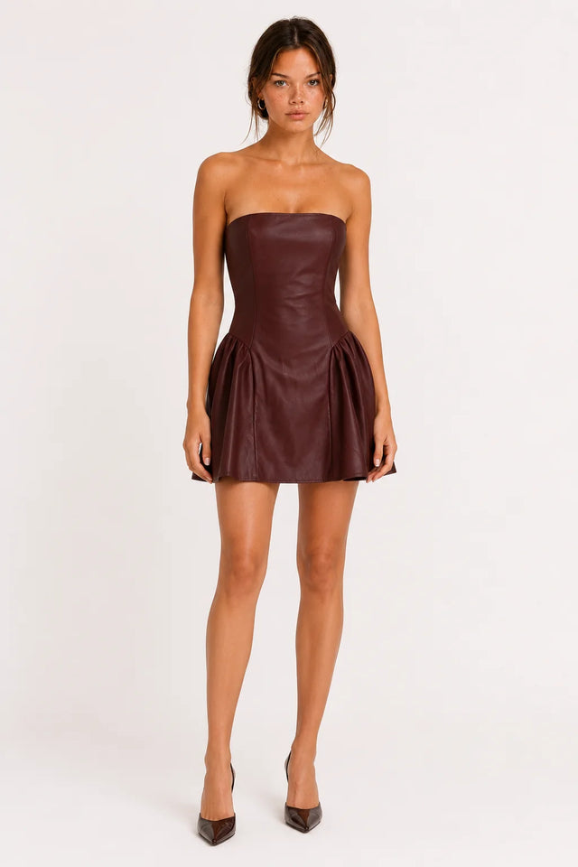 Chocolate Brown Faux Leather Strapless Mini Dress view 1