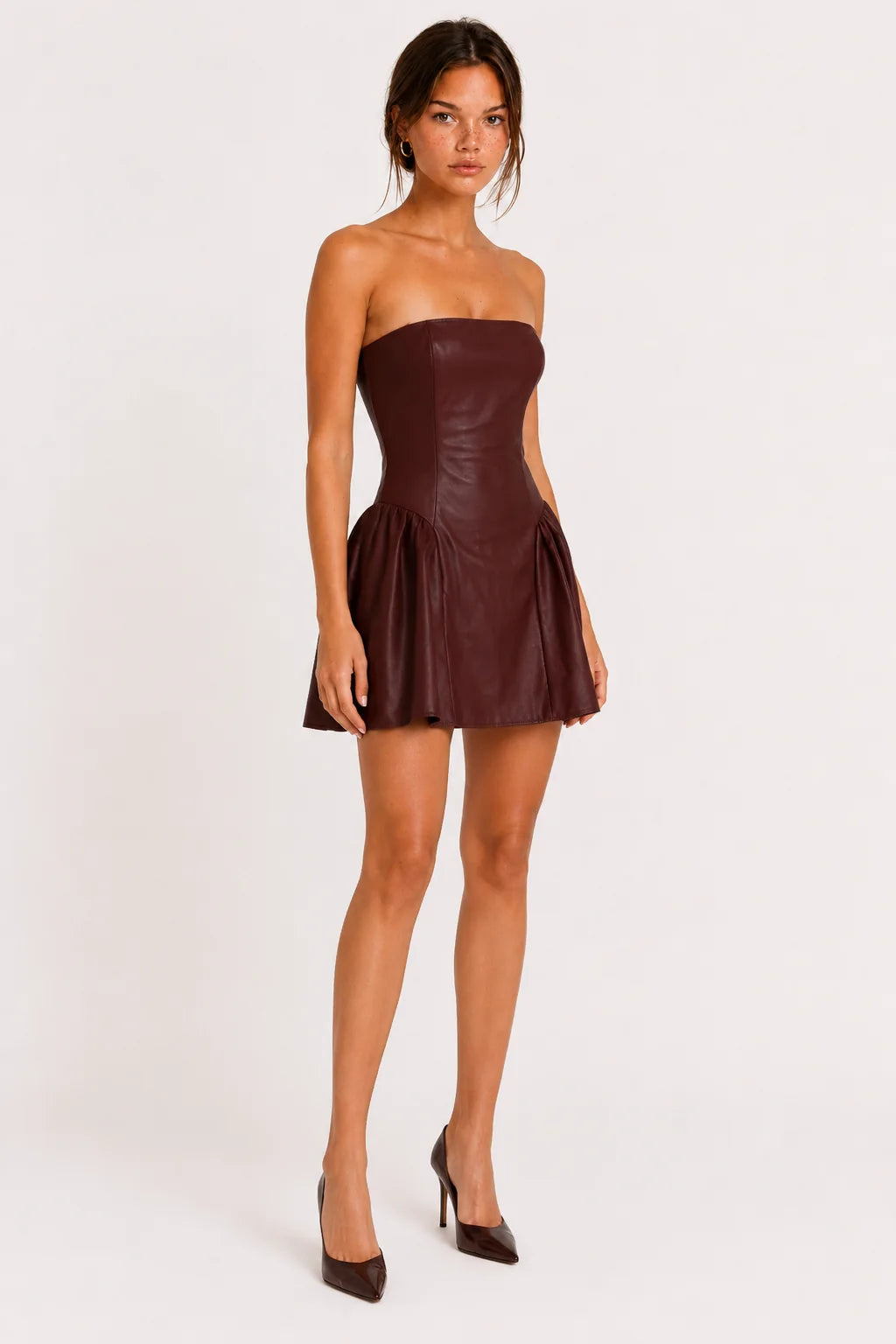 Chocolate Brown Faux Leather Strapless Mini Dress view 2