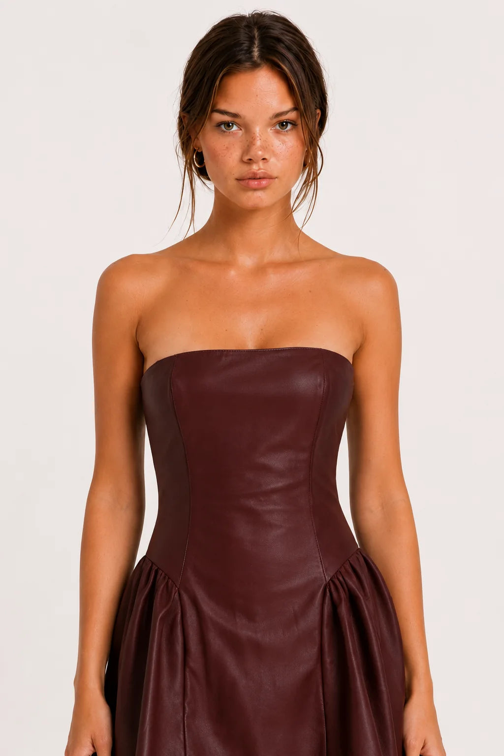 Chocolate Brown Faux Leather Strapless Mini Dress view 6