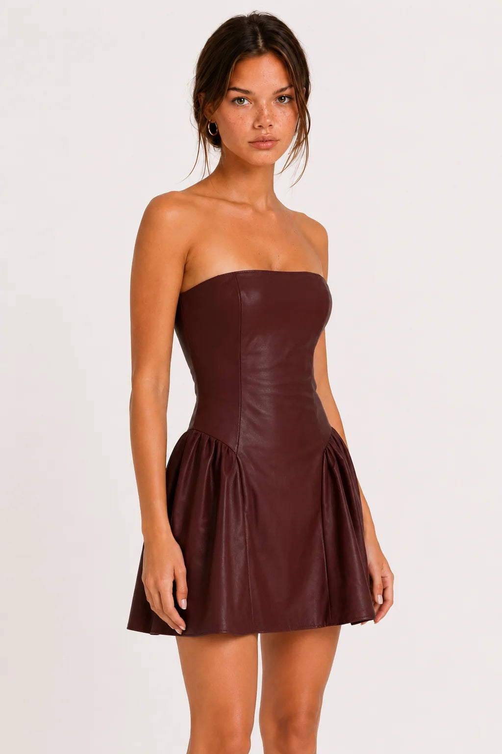 Chocolate Brown Faux Leather Strapless Mini Dress view 7