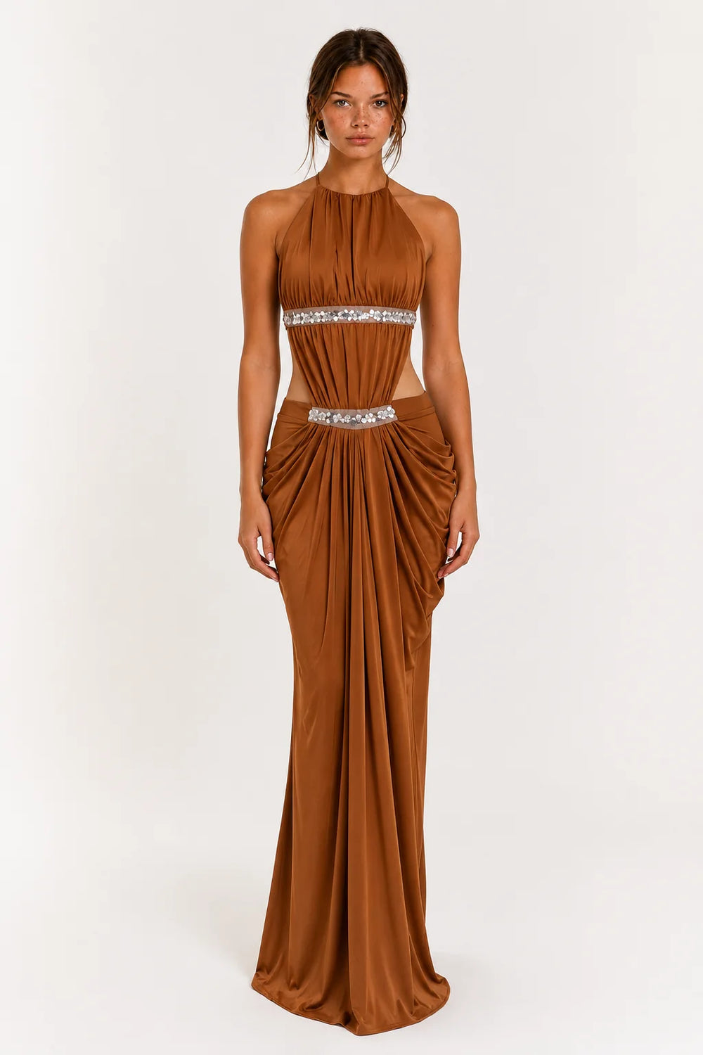 Copper Brown Embellished Halter Maxi Dress view 1