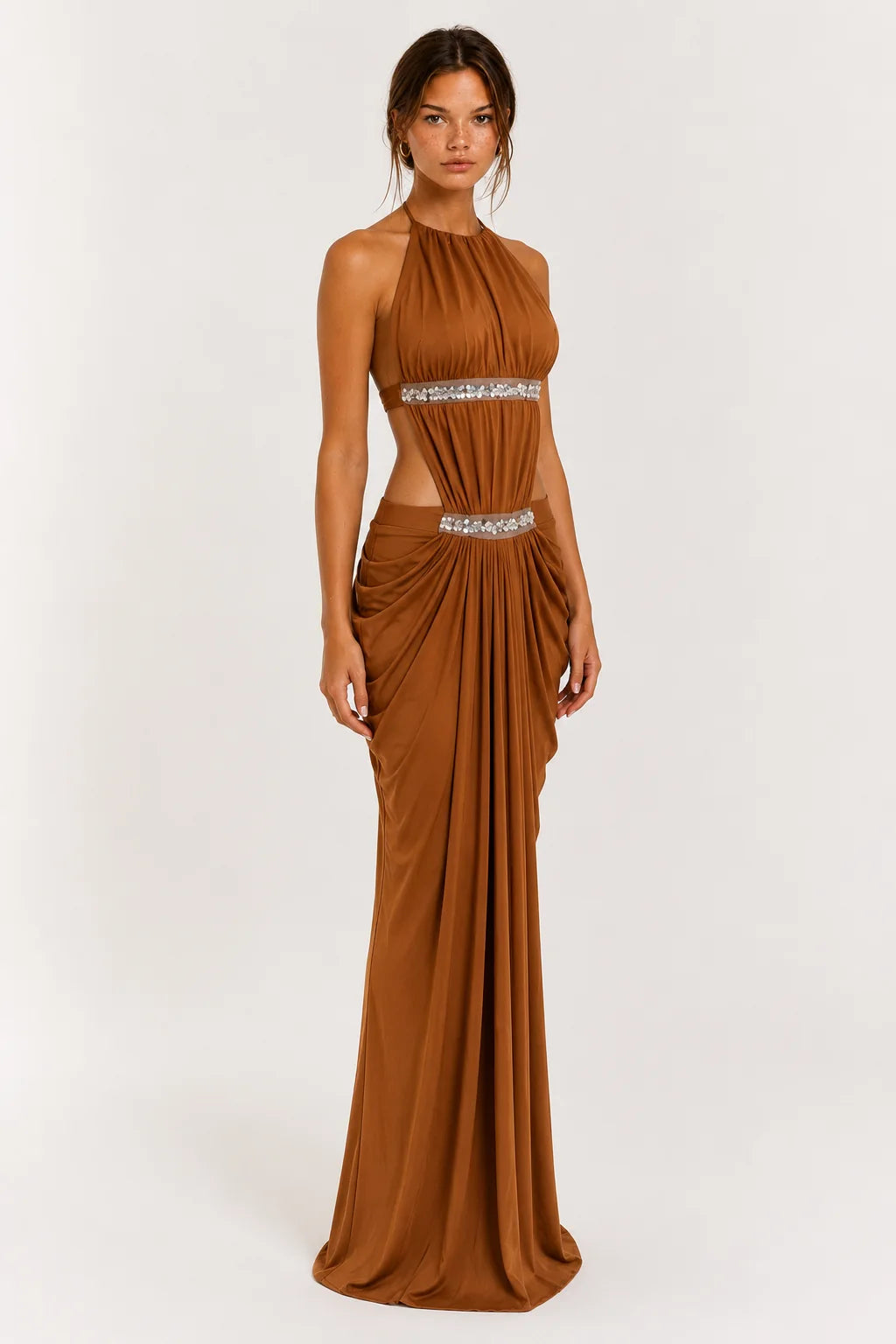 Copper Brown Embellished Halter Maxi Dress view 2