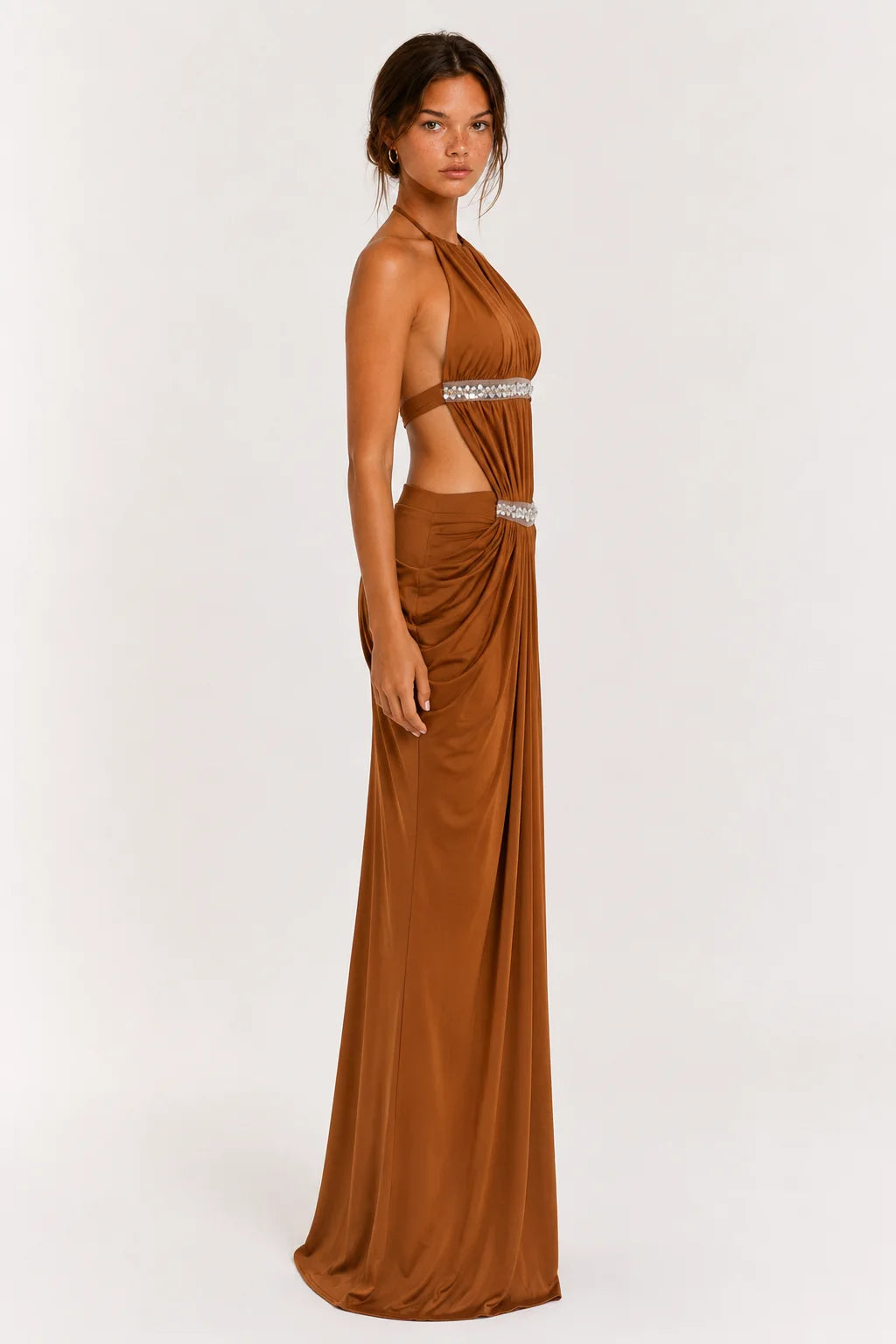 Copper Brown Embellished Halter Maxi Dress view 3