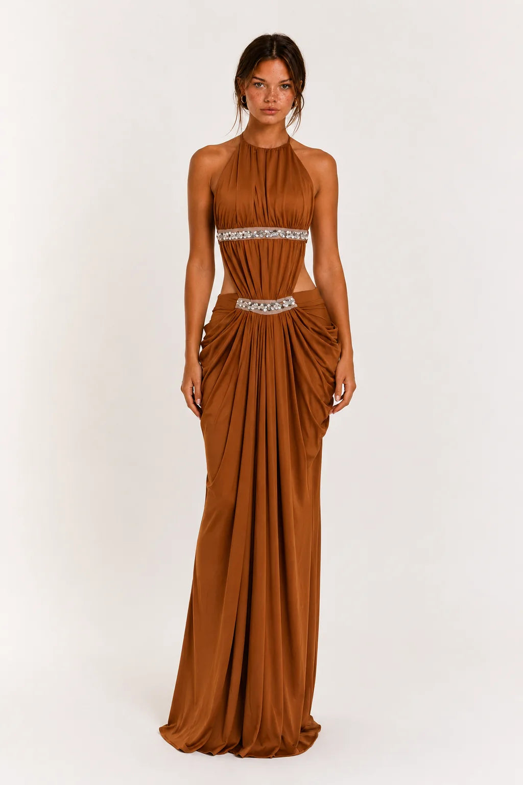 Copper Brown Embellished Halter Maxi Dress view 5
