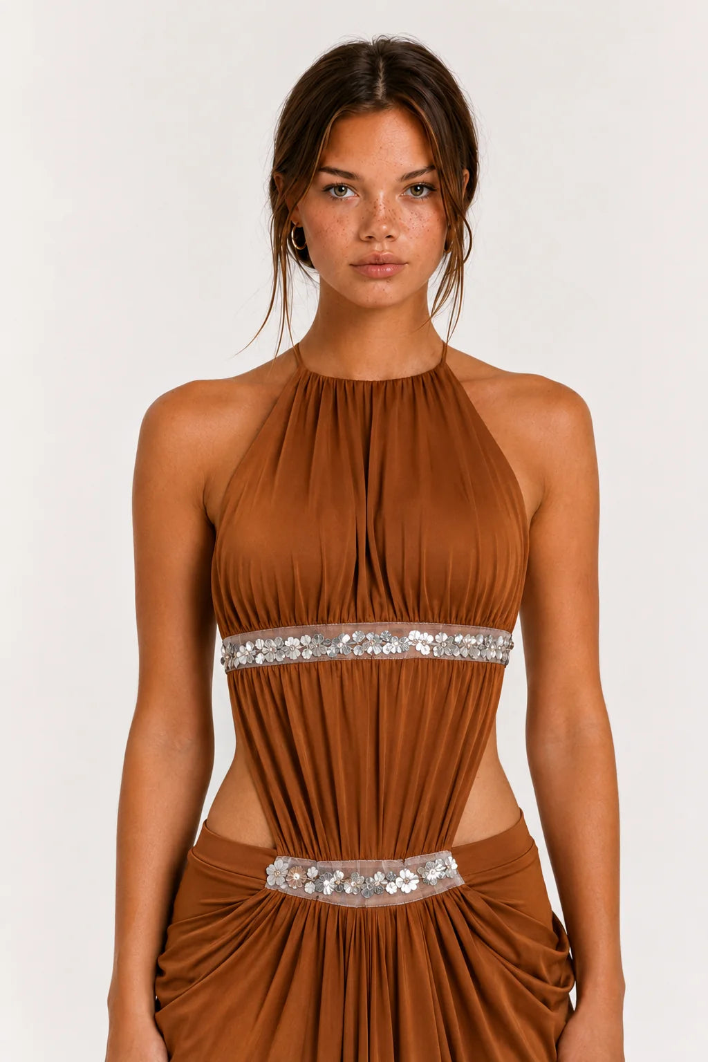 Copper Brown Embellished Halter Maxi Dress view 6