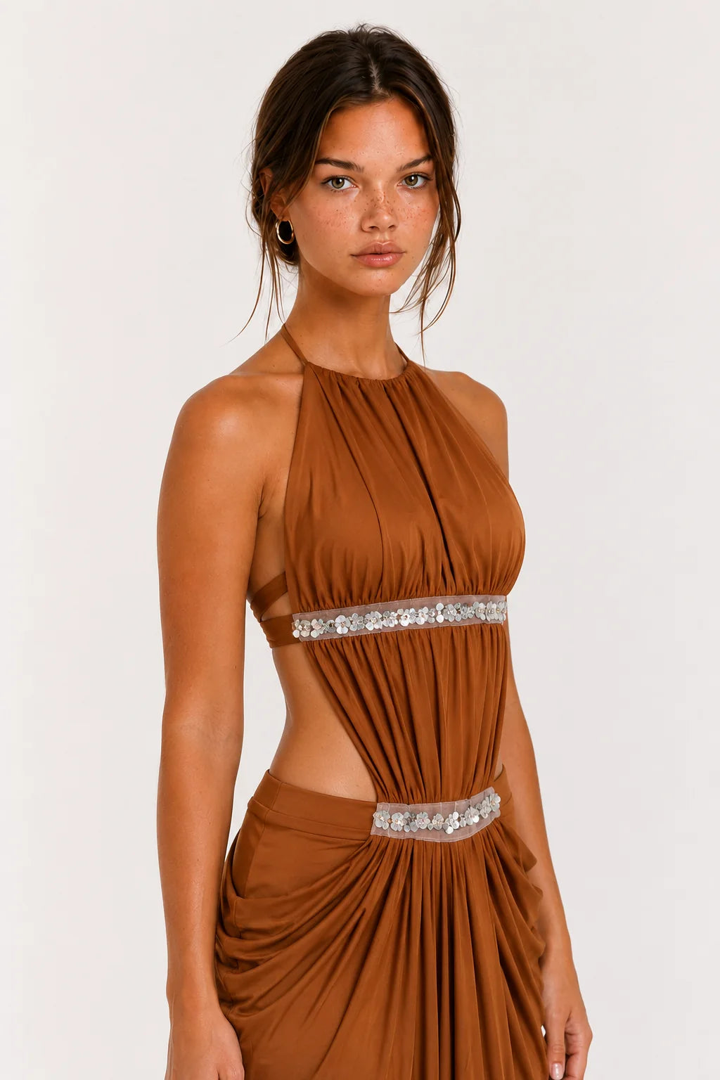 Copper Brown Embellished Halter Maxi Dress view 7