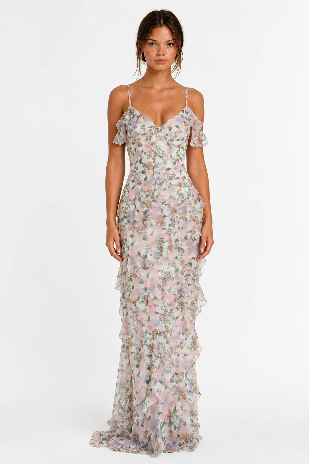 Pastel Floral Ruffle Maxi Dress view 1