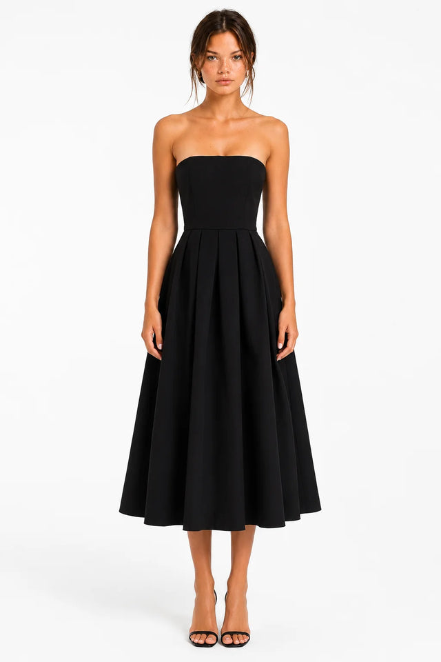 Black Strapless Pleated Midi Dress view 1