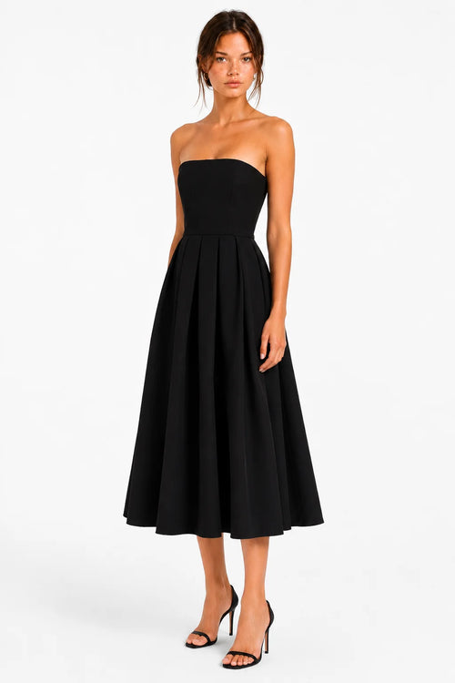 Black Strapless Pleated Midi Dress view 2