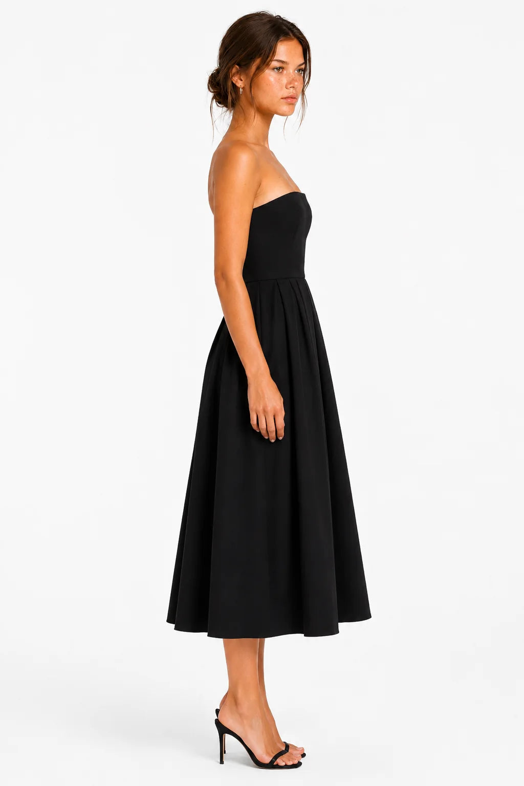 Black Strapless Pleated Midi Dress view 3