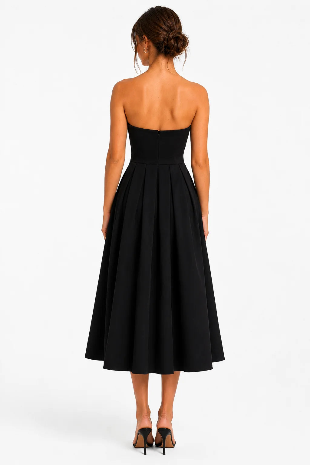 Black Strapless Pleated Midi Dress view 4