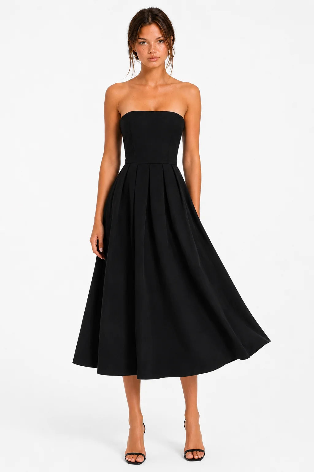 Black Strapless Pleated Midi Dress view 5