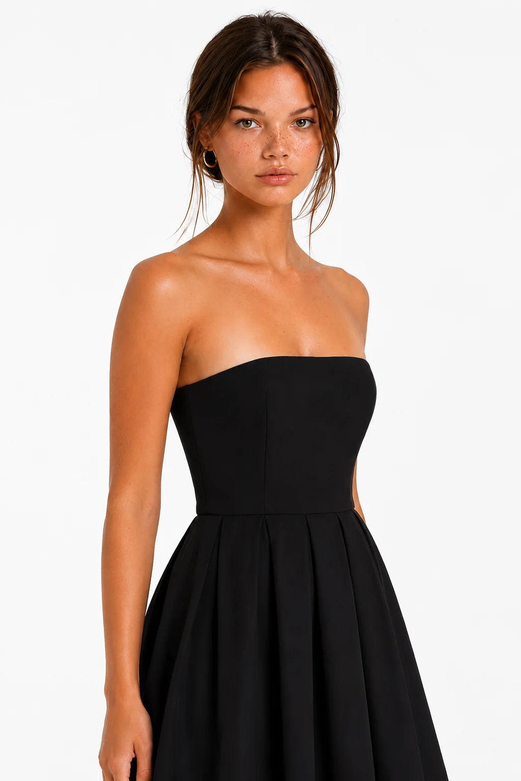 Black Strapless Pleated Midi Dress view 7