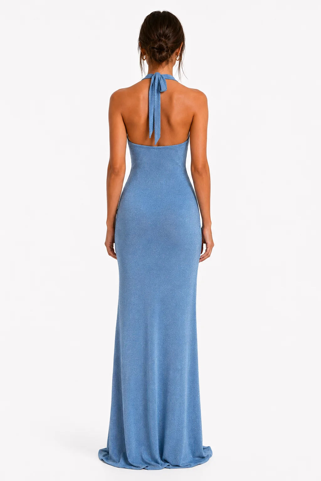 Ice blue halter open-back maxi dress, back view