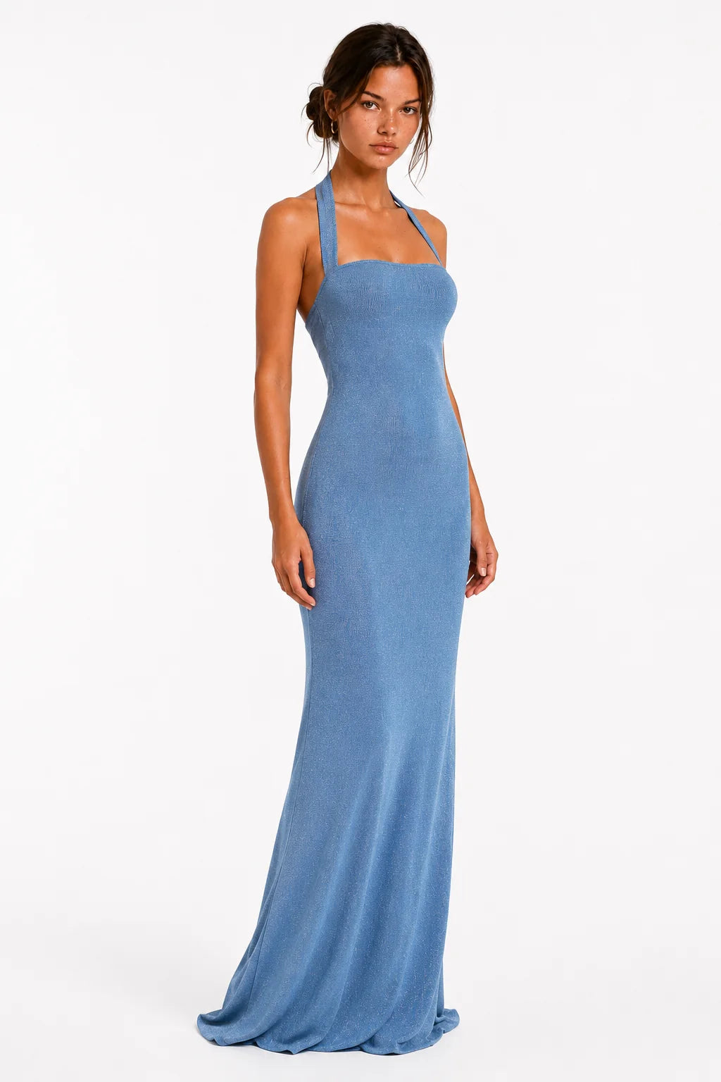 Ice blue halter open-back maxi dress, front angled view