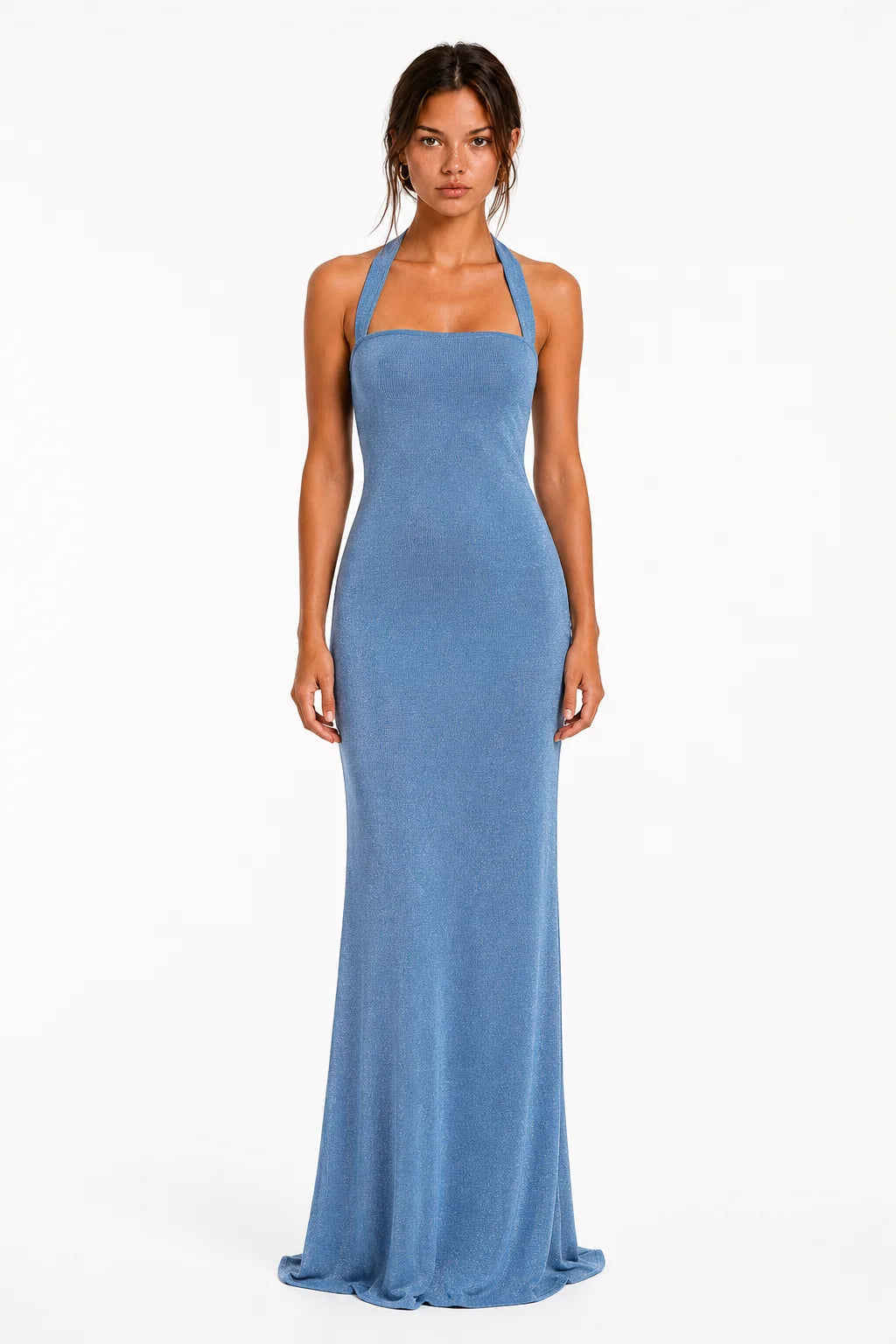 Ice blue halter open-back maxi dress, front view