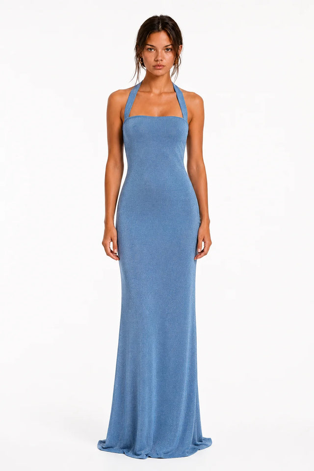 Ice blue halter open-back maxi dress, front view