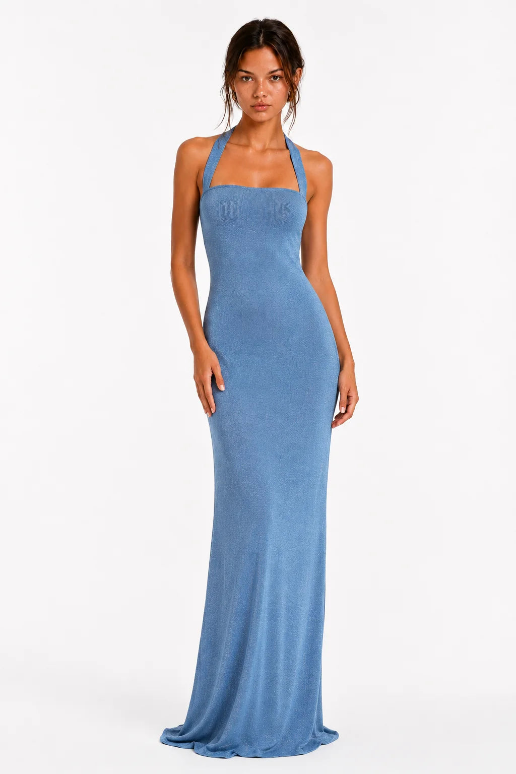 Ice blue halter open-back maxi dress, styled view 5