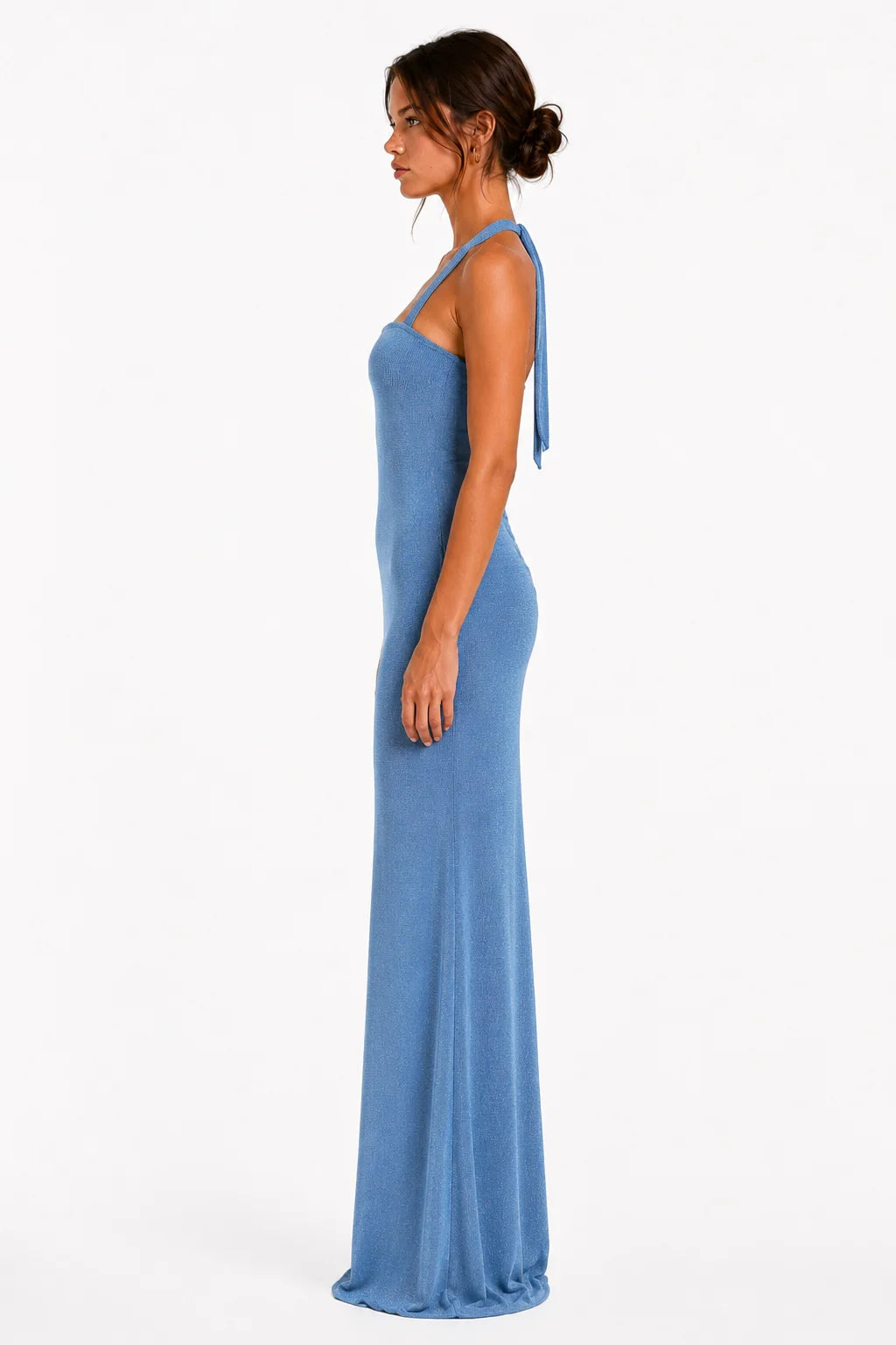 Ice blue halter open-back maxi dress, side view