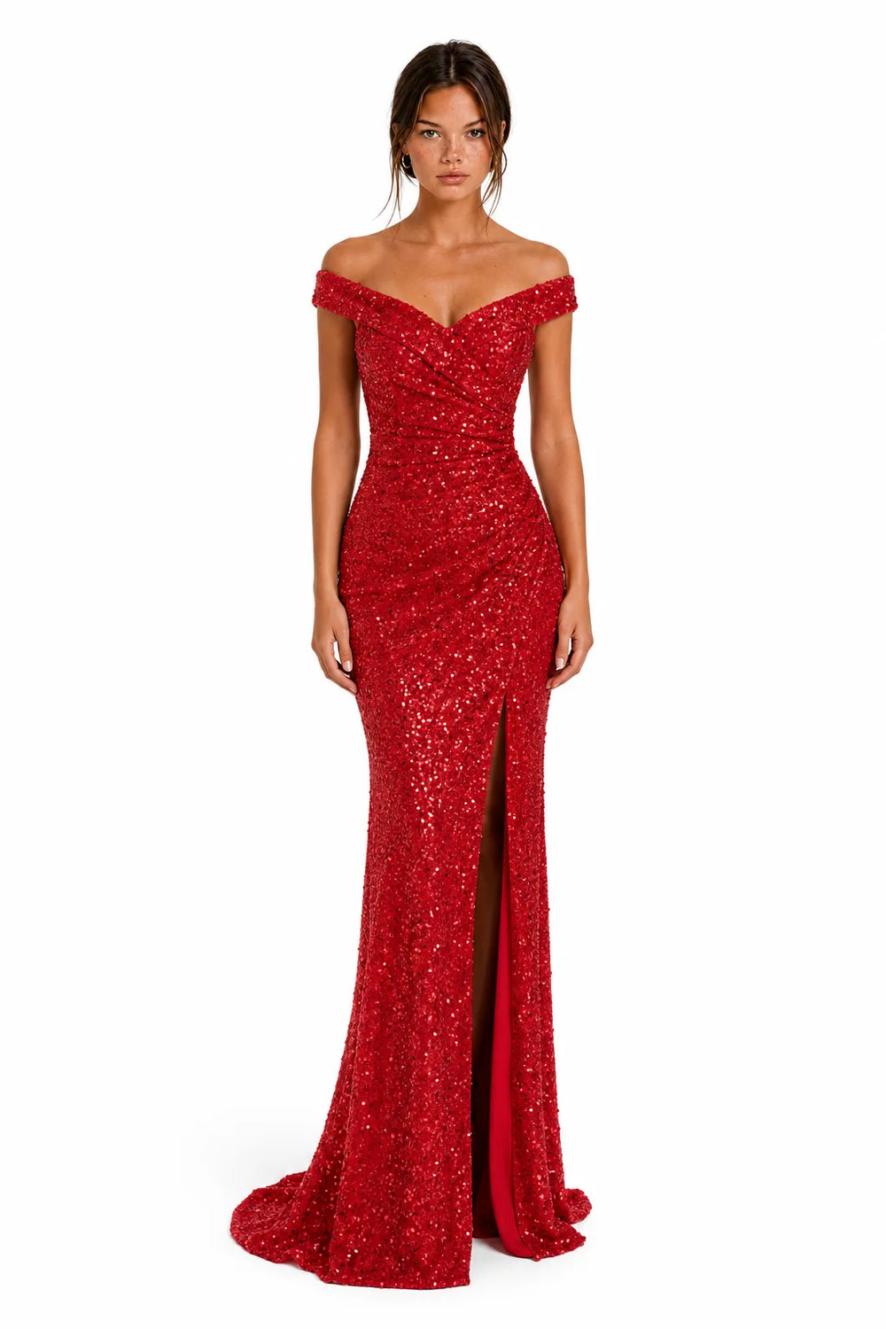 Red Off-Shoulder Sequin Ruched Slit Maxi Dress view 1