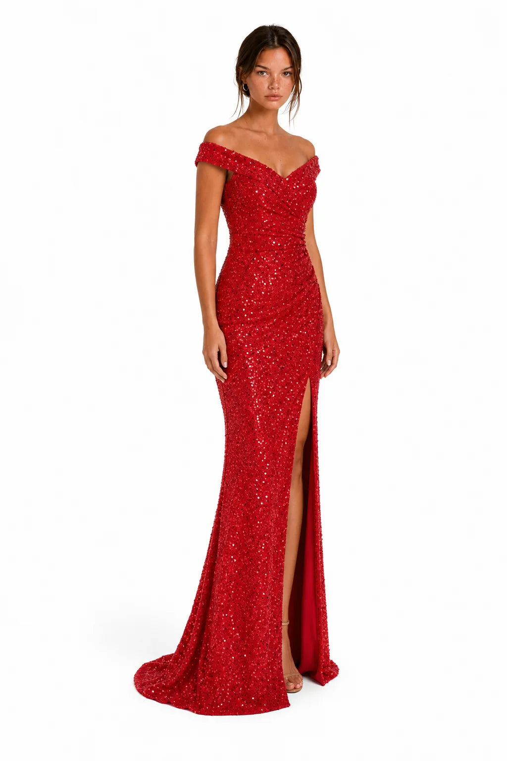 Red Off-Shoulder Sequin Ruched Slit Maxi Dress view 2