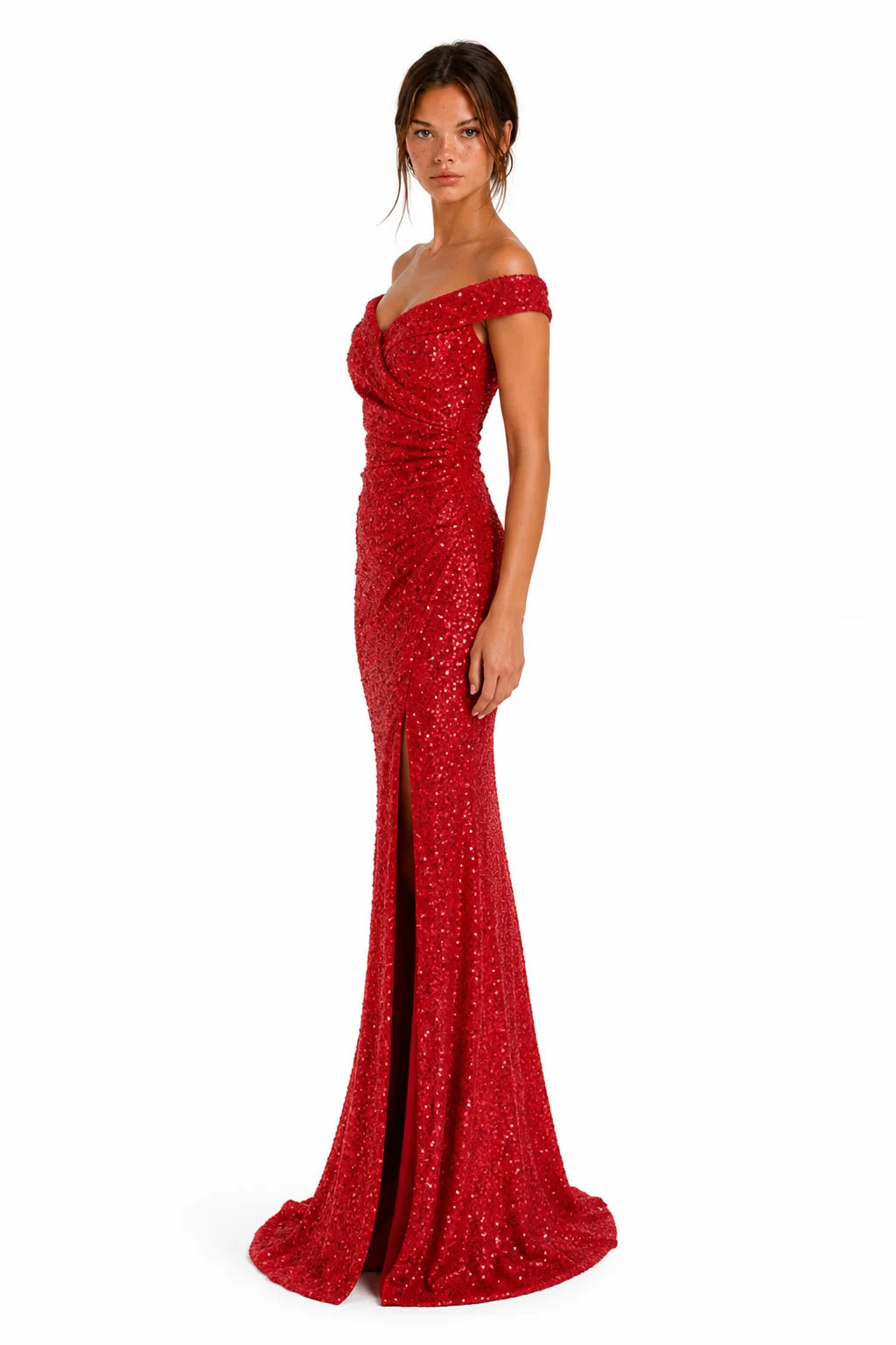 Red Off-Shoulder Sequin Ruched Slit Maxi Dress view 3
