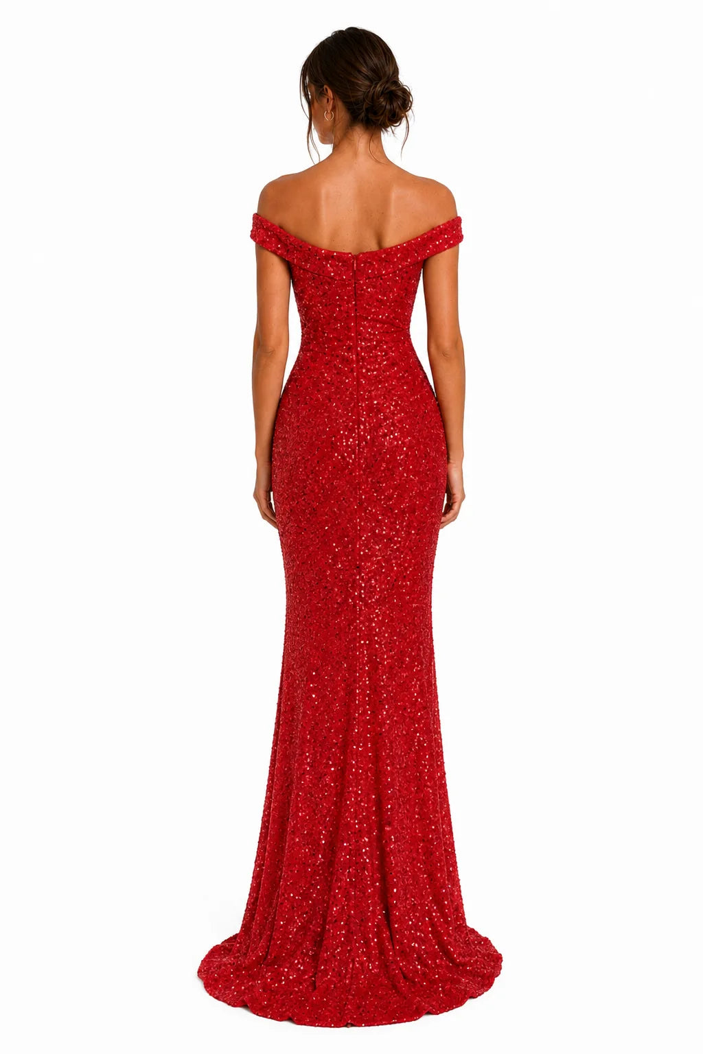Red Off-Shoulder Sequin Ruched Slit Maxi Dress view 4