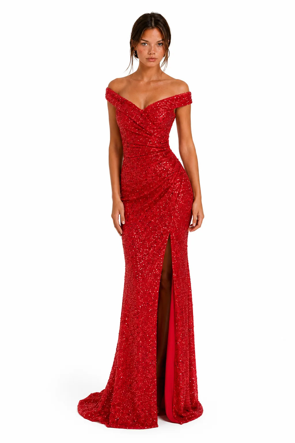 Red Off-Shoulder Sequin Ruched Slit Maxi Dress view 5