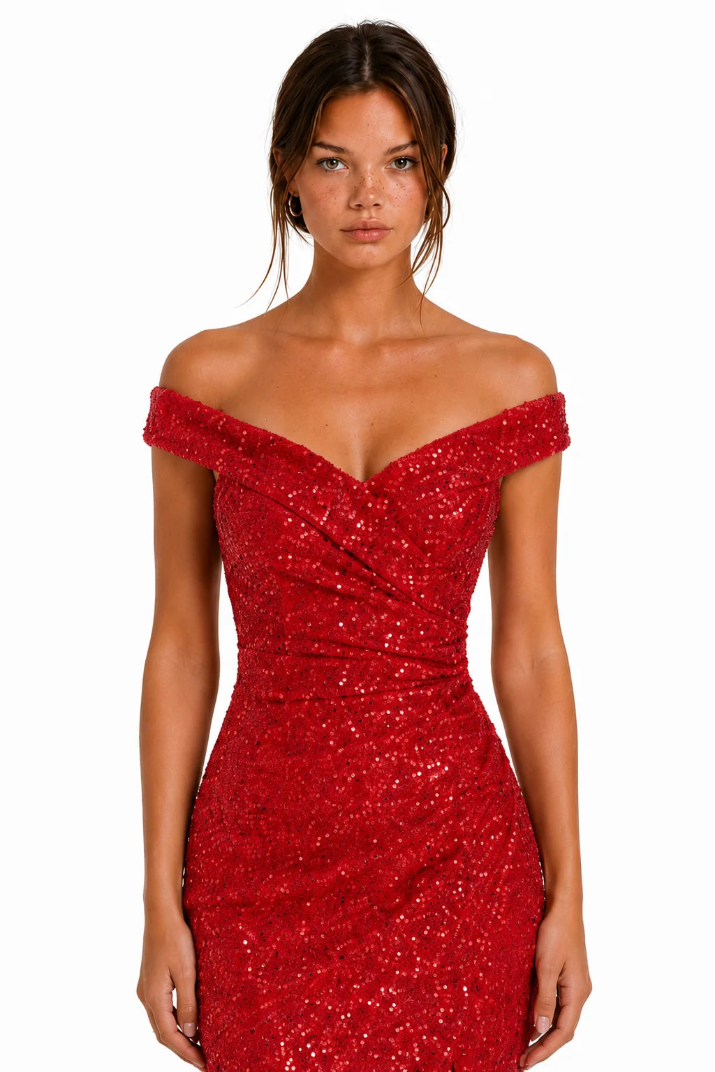 Red Off-Shoulder Sequin Ruched Slit Maxi Dress view 6