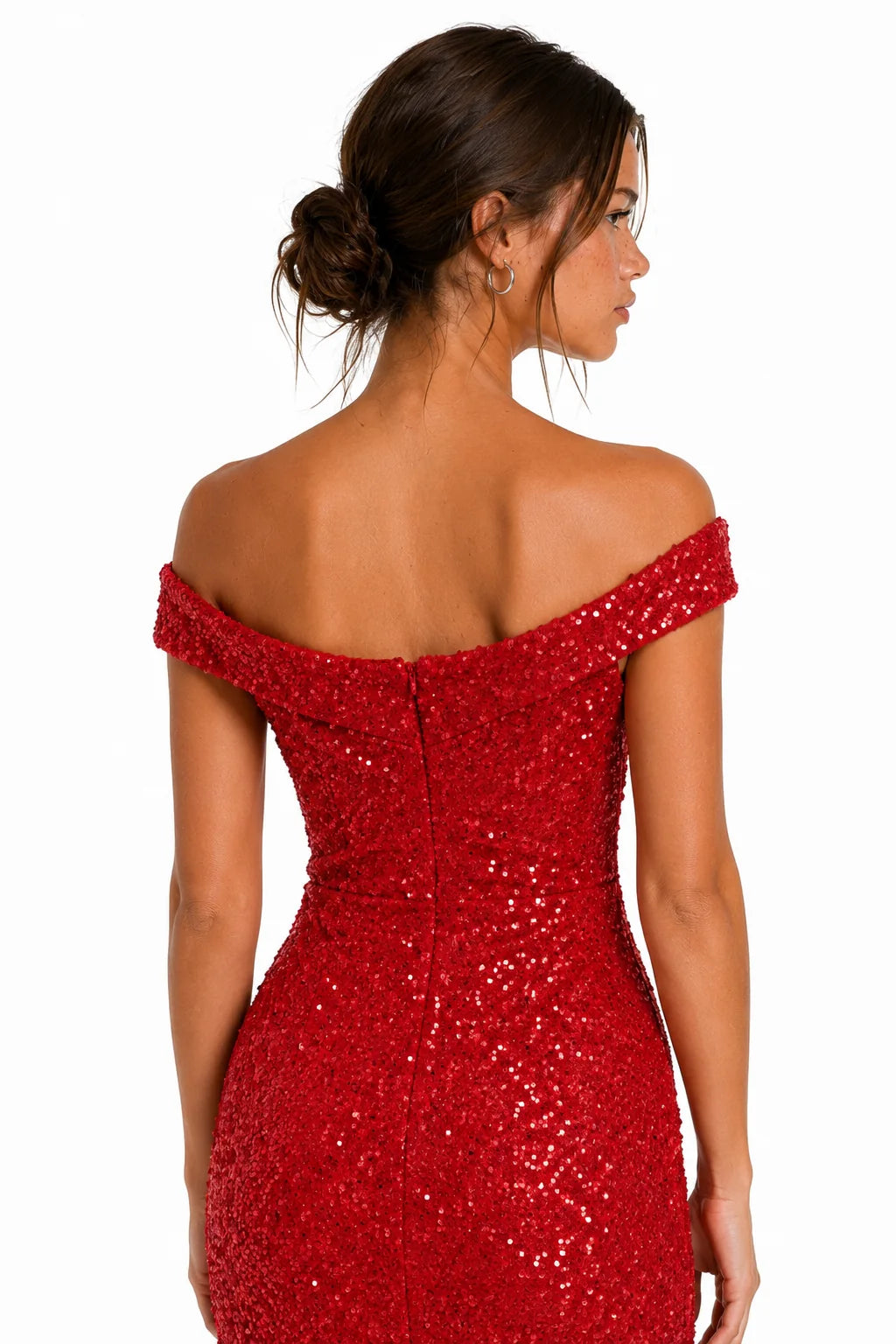 Red Off-Shoulder Sequin Ruched Slit Maxi Dress view 8